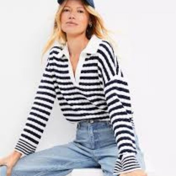 Loft Size Small Mixed Stripe Collared V-Neck Sweater - Picture 2 of 11